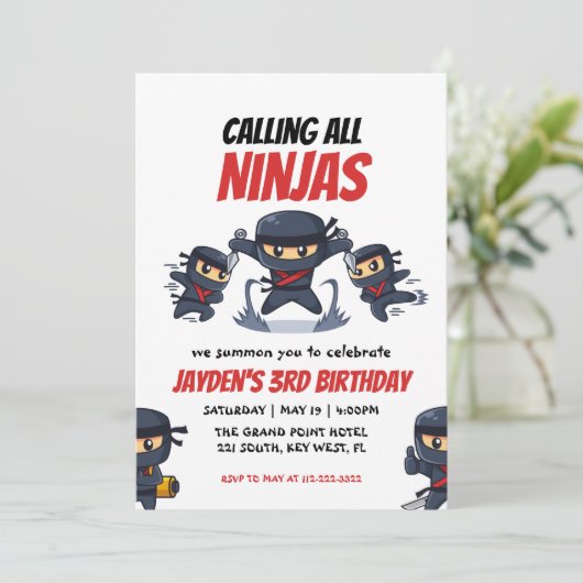 Roep alle uitnodiging van Ninjas-Kind Ninja Birthd (Staand voorkant)