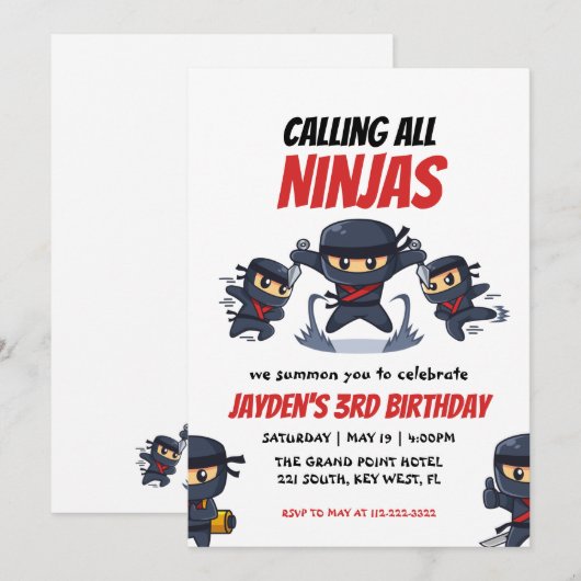 Roep alle uitnodiging van Ninjas-Kind Ninja Birthd (Voorkant / Achterkant)