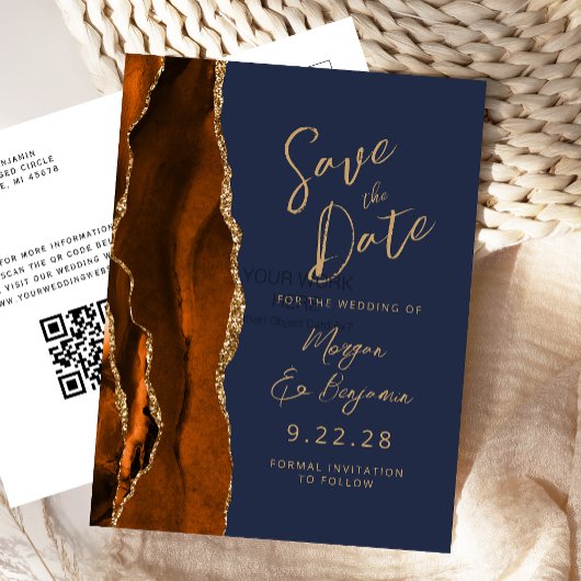 Roest Agate Marineblauw Script QR Code Bewaar de D Aankondigingskaart
