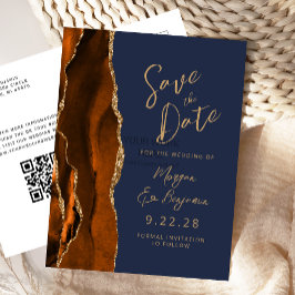 Roest Agate Navy Blue Script QR Code Save the Date Aankondigingskaart