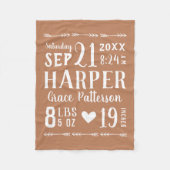 Roest Baby Meisje Geboortestatistieken Keepsake Fleece Deken (Voorkant)