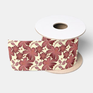 Roest Bloemig Blad Patroon Terracotta Botanisch Satijnen Lint