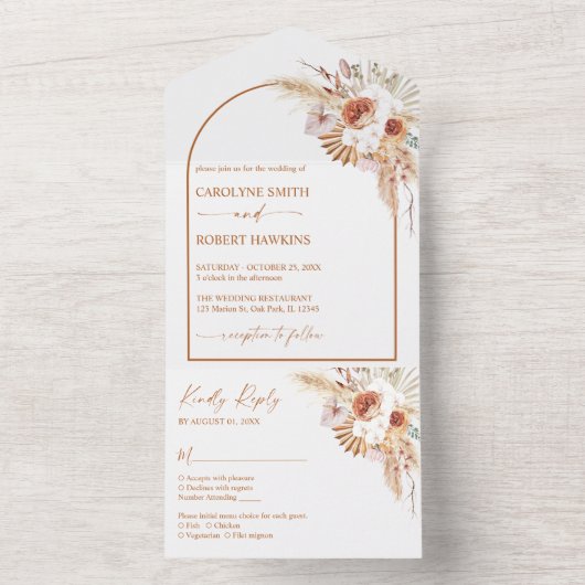 Roest Boho & Pampas Gras Bruiloft All In One Uitnodiging (Binnen)