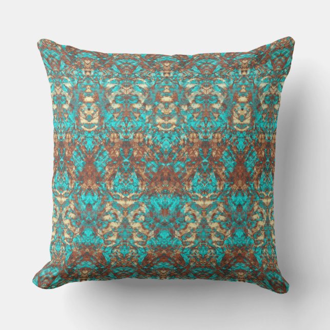 Roest Bruin Turquoise Groen  Scratch Damask Kussen (Voorkant)