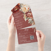  Roest & Cream Pioenen Bloemen QR Code All In One Uitnodiging (Afscheurbaar)