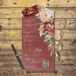 Roest & Cream Pioenen Bloemen QR Code All In One Uitnodiging