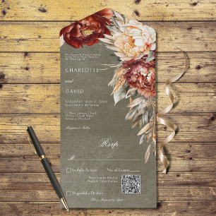 Roest & Cream Pioenrozen Bloemen Salie QR Code All In One Uitnodiging
