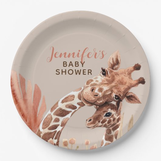 Roest- en bruine boho-giraffe-babyfeest papieren b bordje (Voorkant)