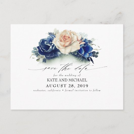 Roest en Navy Blue Floral Boho Save the Date Briefkaart (Voorkant)