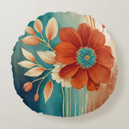 Roest en Turquoise Bloemen abstract Rond Kussen