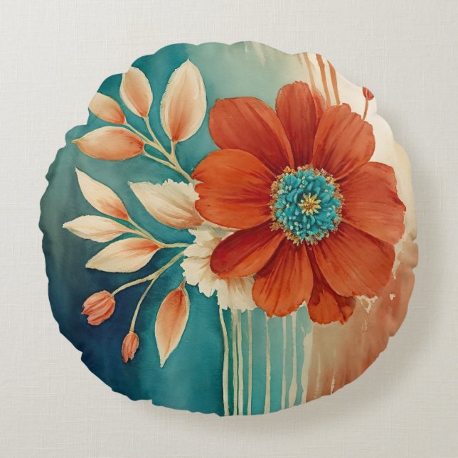 Roest en Turquoise Bloemen abstract Rond Kussen (Voorkant)