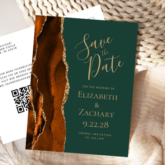 Roest Goud Agat Donkergroene QR Code Save the Date Aankondigingskaart