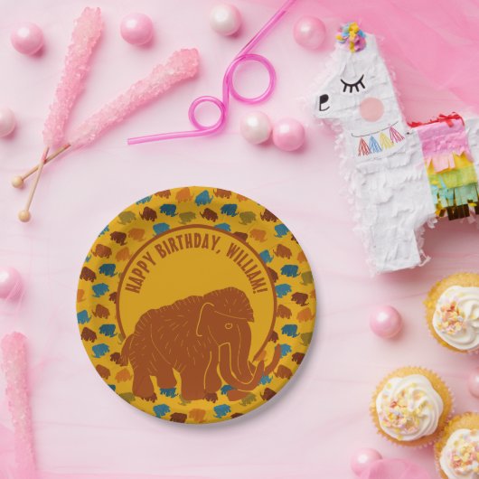 Roest & Gouden Cartoon Wolly Mammoth gepersonalise Papieren Bordje (Feest)