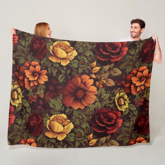 Roest kleur  bloemenprint fleece deken (In situ)
