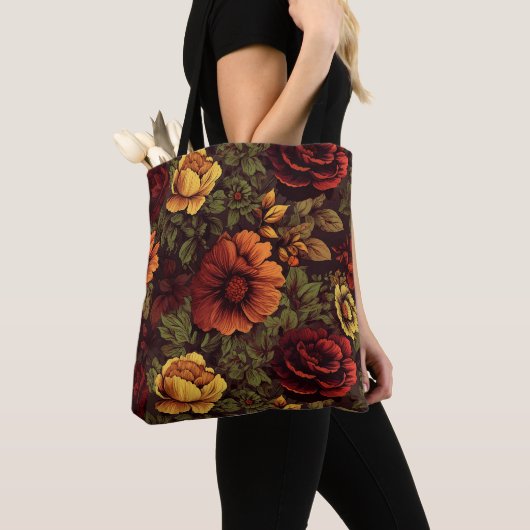 Roest kleur bloemenprint tote bag (Dichtbij)