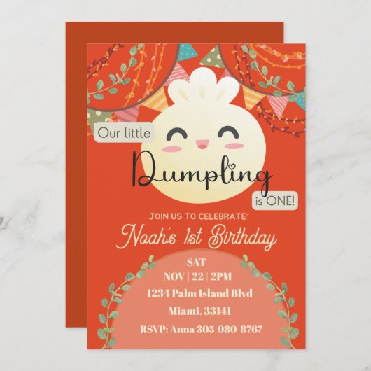 Roest Little Dumpling Eerste Verjaardag uitnodigin Kaart (Voorkant / Achterkant)