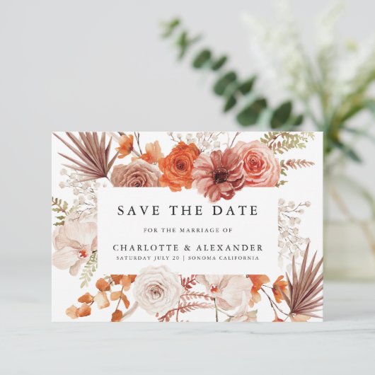Roest Oranje Terracotta Bloem Palmetto Bruiloft Save The Date (Staand voorkant)