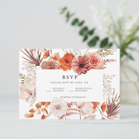 Roest Oranje Terracotta Bloemige Trouw RSVP Informatiekaartje (Staand voorkant)