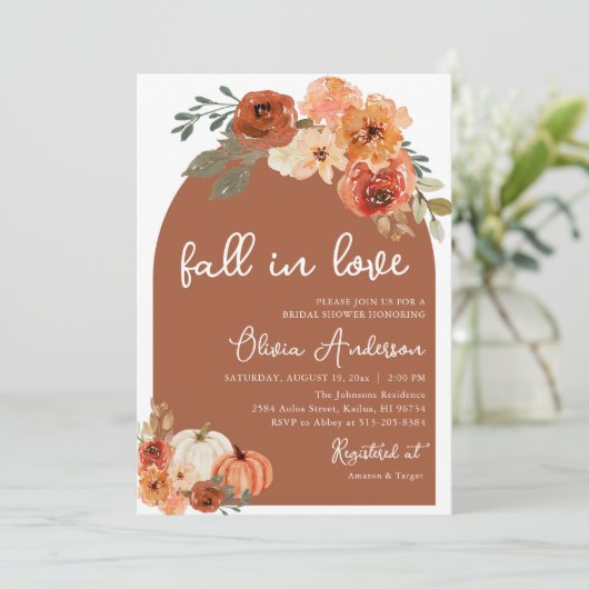 Roest pompoen Herfst in liefde bruids doucheuitnod Kaart (Staand voorkant)