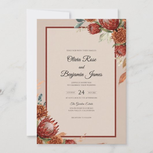 Roest Protea Blad Bruiloft Kaart (Voorkant)