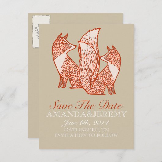 Roest Rode en Ivoor Vossen Bewaar De Datum Aankondigingskaart (Voorkant / Achterkant)