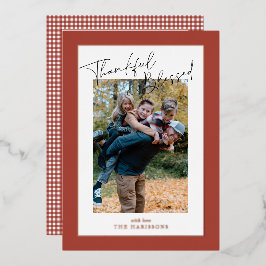 Roest rode folie gingham Thanksgiving familie foto Feestdagenkaart