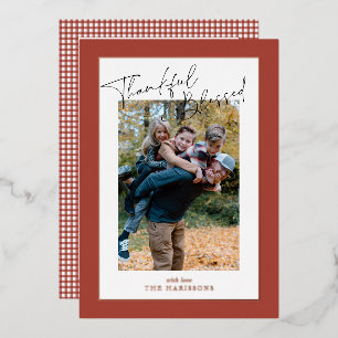 Roest rode folie gingham Thanksgiving familie foto Feestdagenkaart