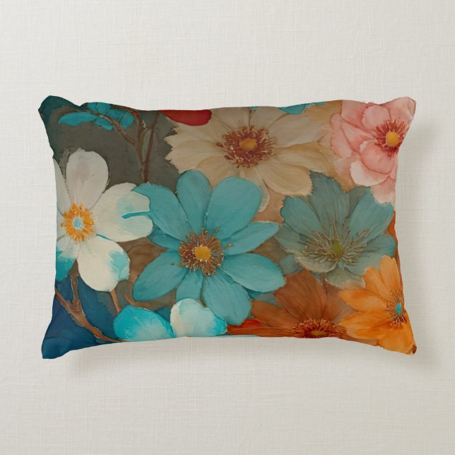 Roest, roze en turquoise bloemen accent kussen (Voorkant)