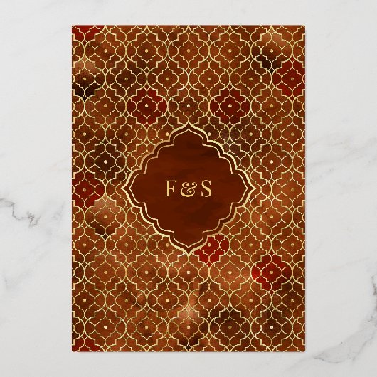 Roest Sinaasappel Marokkaanse Arch Moslim Bruiloft Folie Uitnodiging (Achterkant)