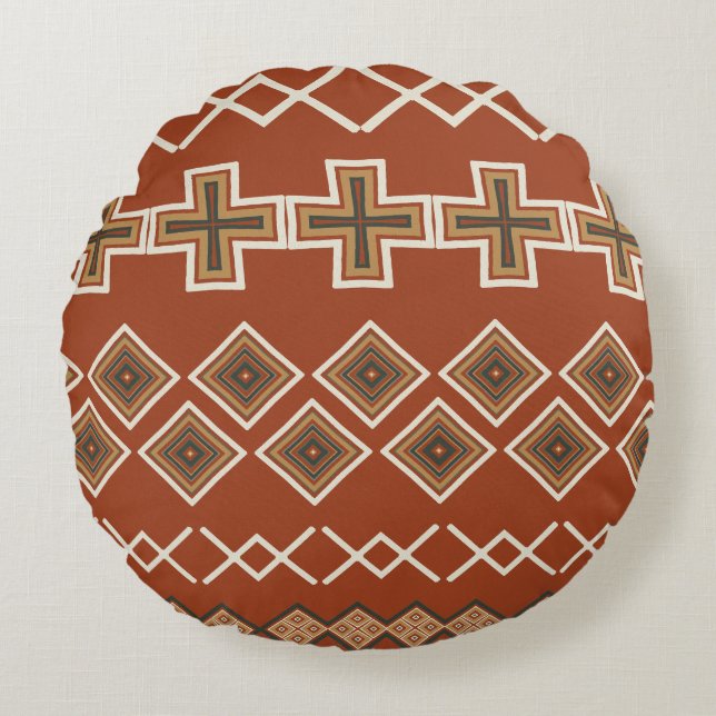 Roest Sinaasappel Tribal Pattern Rond Kussen (Voorkant)