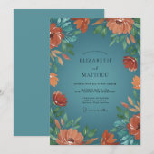 Roest Teal Wilde Bloemen Bruiloft Kaart (Voorkant / Achterkant)