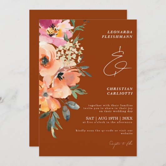 Roest Terracotta Bloemenbruiloft Kaart (Voorkant / Achterkant)