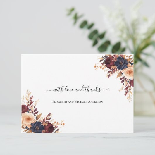 Roest Terracotta Navy Cream Bloemen Huwelijk Bedankkaart (Staand voorkant)
