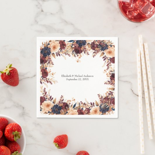 Roest Terracotta Navy Cream Elegante Bloemen Huwel Servet (Insitu)