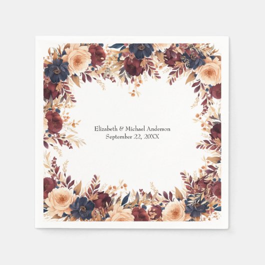 Roest Terracotta Navy Cream Elegante Bloemen Huwel Servet (Voorkant)