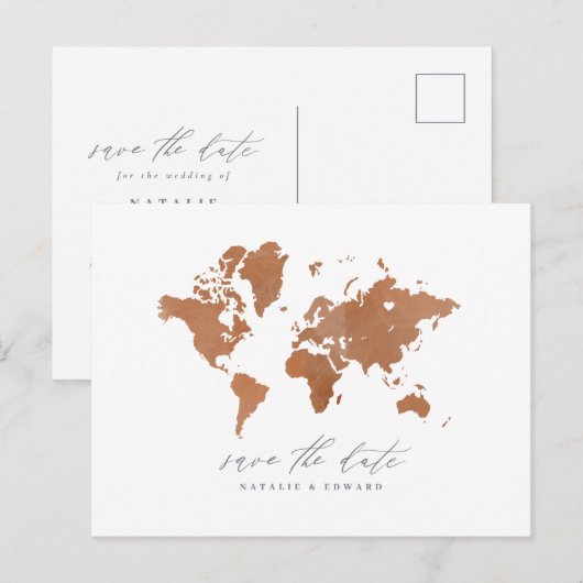 Roest waterverf wereldkaart bruiloft aankondiging (Voorkant / Achterkant)