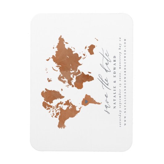 Roest waterverf wereldkaart bruiloft aankondiging magneet (Verticaal)