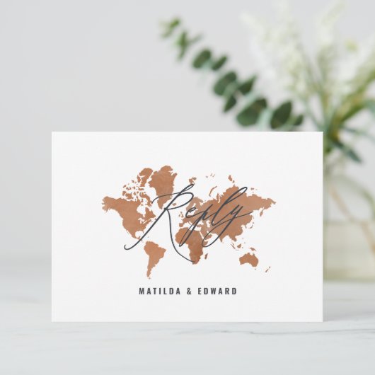 Roest waterverf wereldkaart bruiloft R.S.V.P RSVP Kaartje (Staand voorkant)