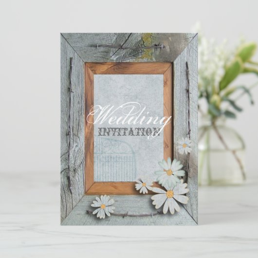 roestbruin hout met goudmadeliefje bruiloft kaart (Staand voorkant)