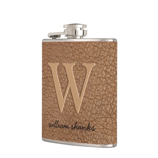 Roestbruin leder zwarte goudkleurige monogram heupfles (Links)