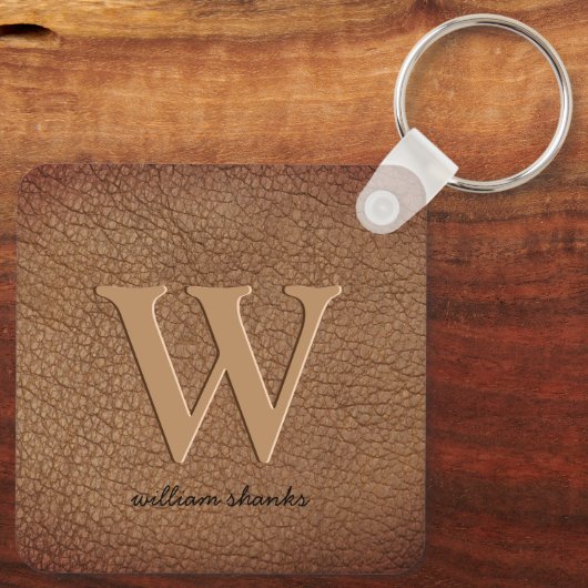 Roestbruin lederen monogram stijlvolle scriptnaam sleutelhanger (Achterkant)