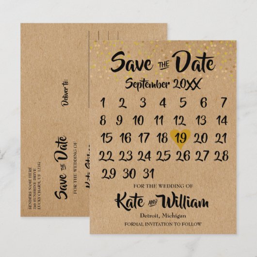 Roestig Kracht Gouden Hart Kalender Bewaar de Datu Aankondigingskaart (Voorkant / Achterkant)