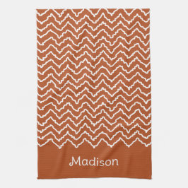 Roestig Rode Terracotta Golvende Chevron Met Naam Theedoek