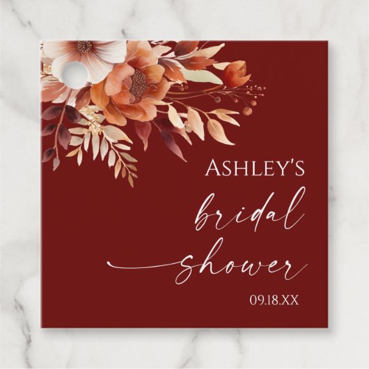 Roestige Burgundy Bruine Bloemige Bloem Bruidsfees Bedankjes Labels (Voorkant)
