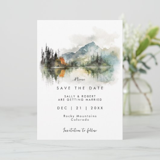 roestige herfst berg bruiloft save the date kaart (Staand voorkant)
