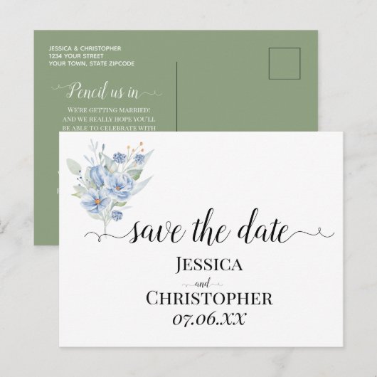 roestige stoffige blauwe waterverf bloemen & blade aankondigingskaart (Voorkant / Achterkant)