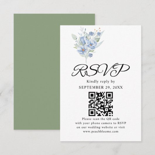 roestige stoffige blauwe waterverf bloemen & blade RSVP kaartje (Voorkant / Achterkant)