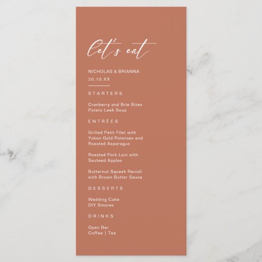 Roestige Terracotta Bruiloft Menu (Voorkant)