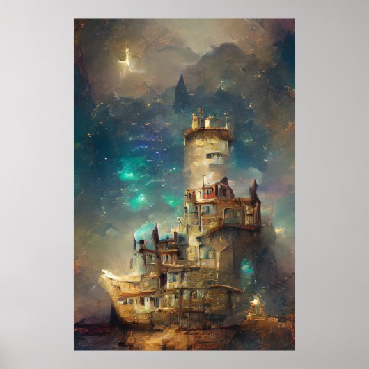 Roestkasteel, kasteel in de Sterrennacht, retrofle Poster (Voorkant)