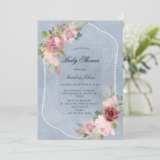 roestkleurig burgundy floral baby shower-uitnodigi (Staand voorkant)